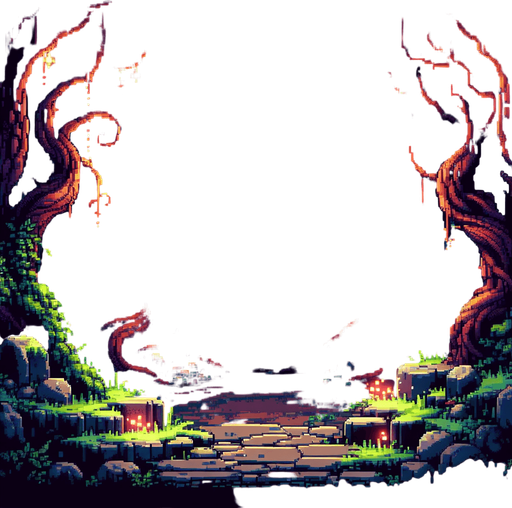 evil enchanted dark forest background, 1st person perspective, I want the art style to reflect a classic 16-bit retro pixel art aesthetic, reminiscent of early 1990s RPGs with vibrant colors..
Single Game Texture. In-Game asset. 2d. Blank background. High contrast. No shadows.