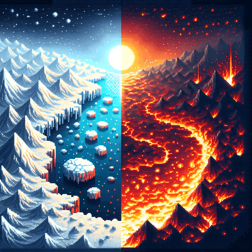 top-down bird-eye view perspective off a magical land, divided into two distinct elements of magma and ice. 8-bit pixelated.
Single Game Texture. In-Game asset. 2d. Blank background. High contrast. No shadows.