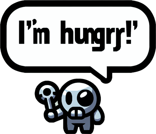 Create a cartoon-style illustration of a speech bubble that is written I'm Hungry!.
Single Game Texture. In-Game asset. 2d. Blank background. High contrast. No shadows.