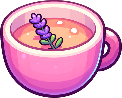 Lavender tea on pink cup Single Game Texture. In-Game asset. 2d. Blank background. High contrast. No shadows. Single Game Texture. In-Game asset. 2d. Blank background. High contrast. No shadows.