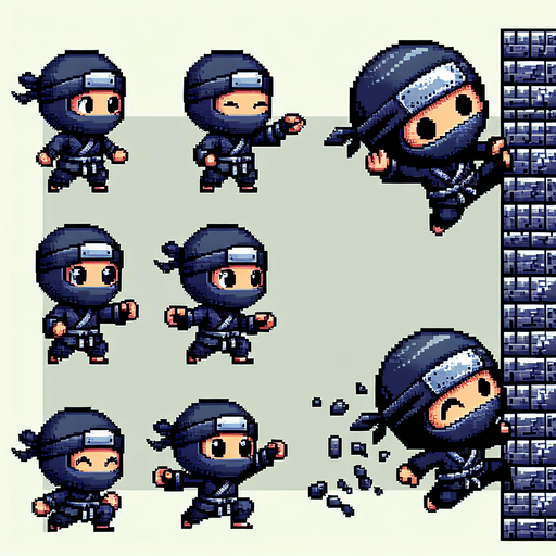 8-bit pixelated chibi ninja character sprite sheet with two simple, exaggerated action poses: one in mid-jump, with a small, round body and oversized head, arms and legs slightly bent in a cute, chibi-like leap. The second pose should emphasize the chibi ninja sliding down a wall: his body is pressed close to the wall with one hand extended upward, gripping or bracing against the wall. His feet should be pressed against the wall as he slides down, while his face is turned in the opposite direction, giving the impression he's scanning for threats or preparing to leap. The design should maintain the playful chibi proportions, with a dark, minimalistic outfit and a simple headband, all within a retro 8-bit pixel aesthetic and a limited color palette..
Single Game Texture. In-Game asset. 2d. Blank background. High contrast. No shadows.