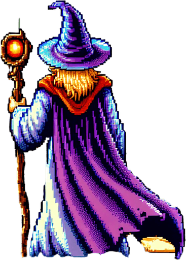 A wizard hero facing away with his back turned with his staff in the air
I want the art style to reflect a classic 16-bit retro pixel art aesthetic, reminiscent of early 1990s RPGs with vibrant colors. The environment should have a rich, fantasy-themed design with intricate backgrounds and a nostalgic, old-school feel..
Single Game Texture. In-Game asset. 2d. Blank background. High contrast. No shadows.