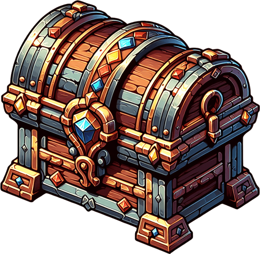 treasure chest.
Single Game Texture. In-Game asset. 2d. Blank background. High contrast. No shadows.