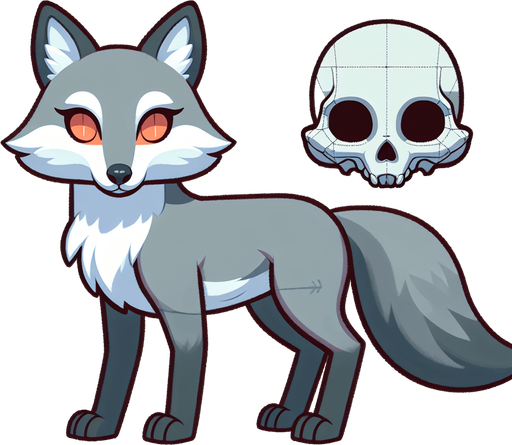 a fox with its skull visible on its right side of its head and grey fur with a pale orange on its eyes.
Single Game Texture. In-Game asset. 2d. Blank background. medium contrast. No shadows. cartoony. birdside view. full body. not facing the camera