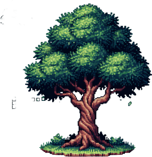 A 2D pixel of a tree asset transparent.
Single Game Texture. In-Game asset. 2d. Blank background. High contrast. No shadows.