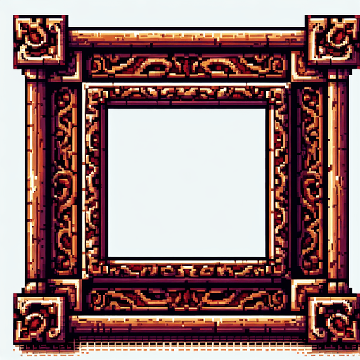 Wooden engrained frame. I want the art style to reflect a classic 16-bit retro pixel art aesthetic, reminiscent of early 1990s RPGs with vibrant colors. The environment should have a rich, fantasy-themed design with intricate backgrounds and a nostalgic, old-school feel..
Single Game Texture. In-Game asset. 2d. Blank background. High contrast. No shadows.