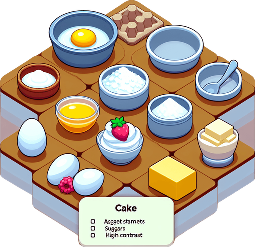 Cake ingredients.
Single Game Texture. In-Game asset. 2d. Blank background. High contrast. No shadows.