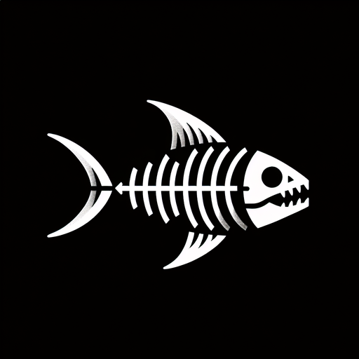 Very minimalist skeleton of a fish with a fin and cute shark head...
2d. Black background. High contrast. No shadows.