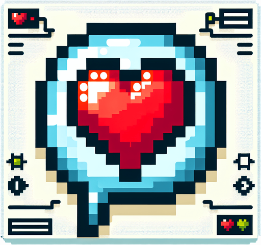 pixel art heart speech bubble.
Single Game Texture. In-Game asset. 2d. Blank background.