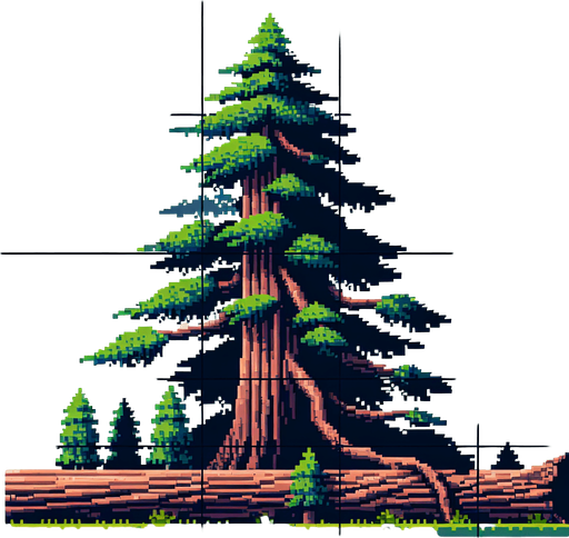 pixelart. A long horizontally growing  branch grown from a redwood tree. The tree itself should not be included in the image, only the branch..
Single Game Texture. In-Game asset. 2d. Blank background. High contrast. No shadows.