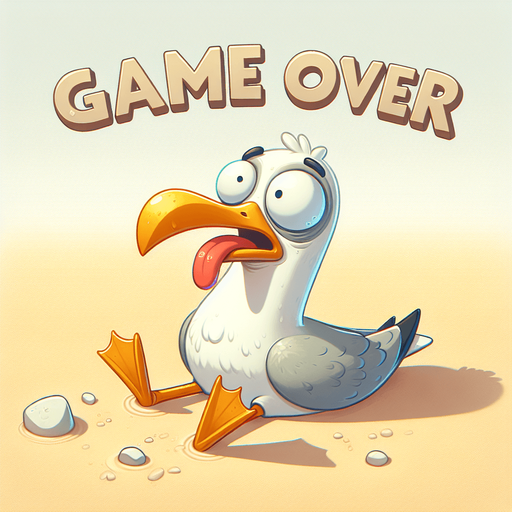 Create a close-up cartoon-style illustration of an dizzy seagull with his tongue sticking out on an empty sandy beach. The goal is to capture a lively and playful game over screen. Make sure 'game over' is written..
Single Game Texture. In-Game asset. 2d. Blank background. High contrast. No shadows.