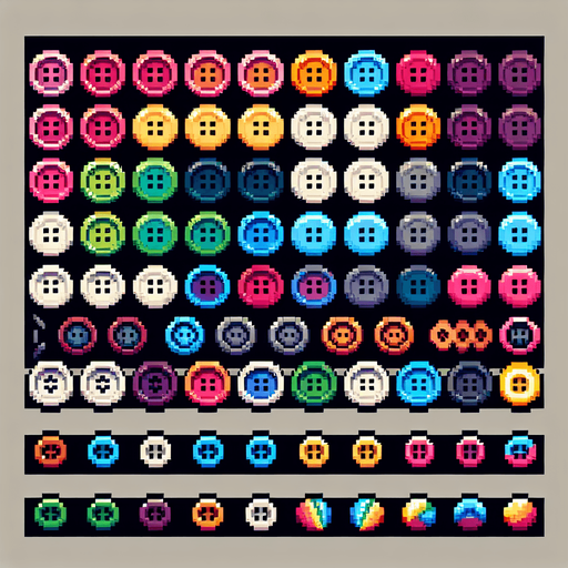 Create a sprite sheet featuring various sewing buttons. Each button should be distinct, with a cohesive color scheme containing a wide range of rainbow colors. The style should be detailed pixel art, reminiscent of classic 8-bit era video game. Arrange the components on a dark background, with each part neatly aligned in rows and columns for easy identification and use in game development..
Single Game Texture. In-Game asset. 2d. Blank background. High contrast. No shadows.