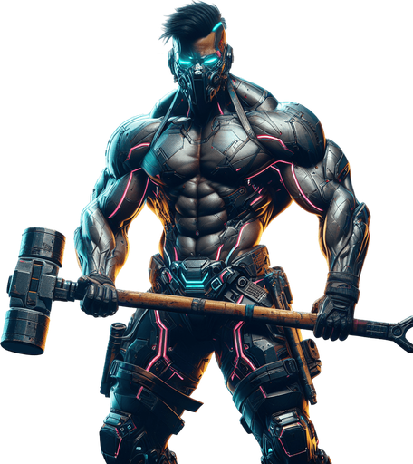 a cyberpunk bodybuilder with a sledgehammer.
Single Game Texture. In-Game asset. 2d. Blank background. High contrast. No shadows.