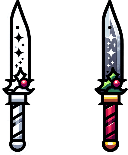 Cartoon knife pointing up. Symmetrical. Vertical. Christmas designed. Single Game Texture. In-Game asset. 2d. Blank background. High contrast. No shadows.