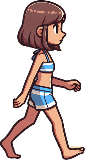 Create a cartoon-style illustration of a beach gooer walking on the beach, side profile.
Single Game Texture. In-Game asset. 2d. Blank background. High contrast. No shadows.