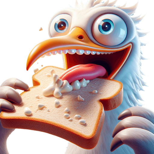 Create a cartoon-style illustration of a seagul's face chomping down on a slice of bread make it comical.
Single Game Texture. In-Game asset. 2d. Blank background. High contrast. No shadows.