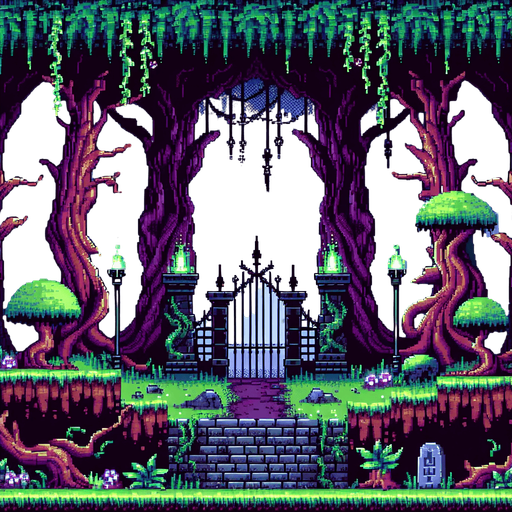 evil enchanted dark forest background, 1st person perspective, I want the art style to reflect a classic 16-bit retro pixel art aesthetic, reminiscent of early 1990s RPGs with vibrant colors..
Single Game Texture. In-Game asset. 2d. Blank background. High contrast. No shadows.