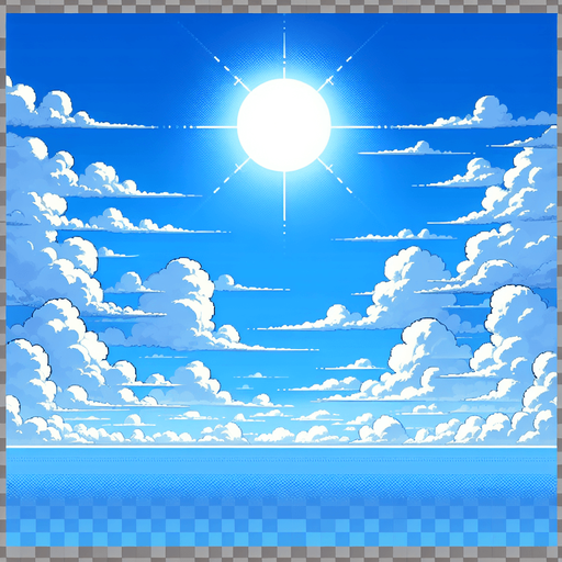 A clear blue sky with fluffy white clouds drifting lazily across..
Single Game Texture. In-Game asset. 2d. Blank background. High contrast. No shadows.