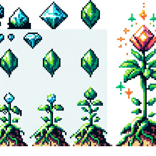 pixel art sprite sheet of a growing plant with a diamond flower.
Game asset. 2d. Blank background. High contrast. No shadows.