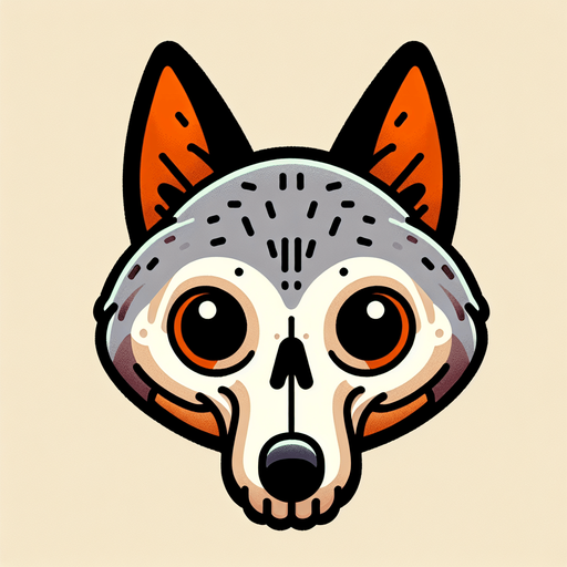 a fox with its skull visible on its right side of its head and grey fur with a pale orange on its eyes.
Single Game Texture. In-Game asset. 2d. Blank background. medium contrast. No shadows. cartoony. birdside view. full body. not facing the camera