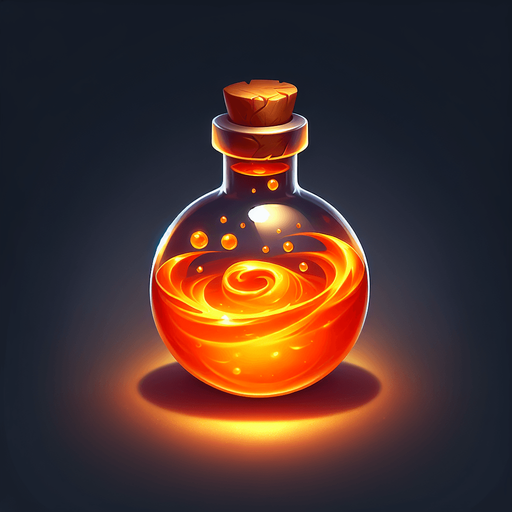 potion magique orange.
Single Game Texture. In-Game asset. 2d. Blank background. High contrast. No shadows.