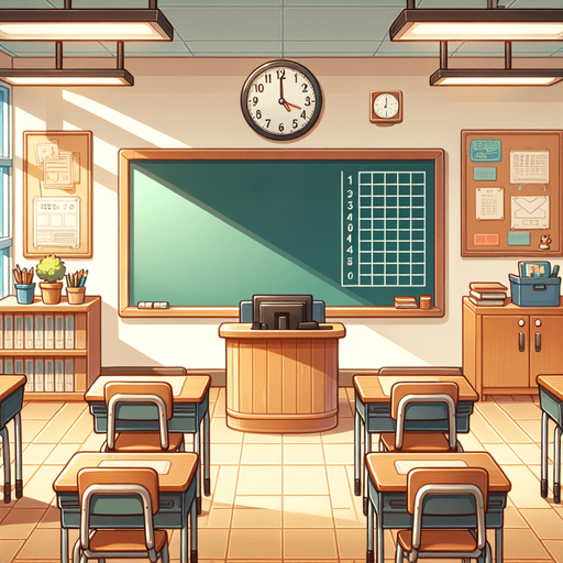 A clean, warm and welcoming classroom in a school, facing the blackboard..
Single Game Texture. In-Game asset. 2d. Blank background. High contrast. No shadows.