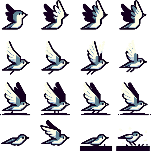 sprite sheet of a bird flying two positions, one with   wings up, one with wings down.
sprite sheet 2 x 2