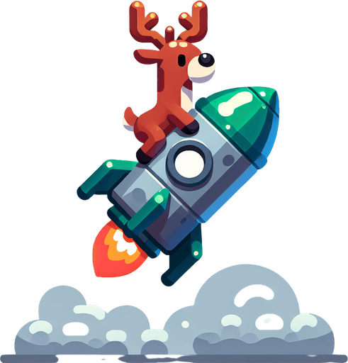 A reindeer on a rocket.
Single Game Texture. In-Game asset. 2d. Blank background. High contrast. No shadows.