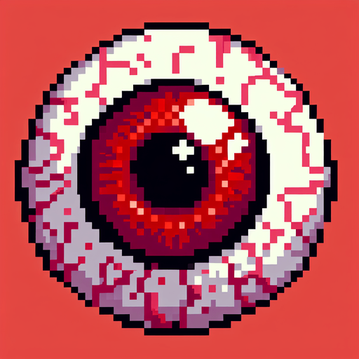 pixel art of a red eyeball.
Single Game Texture. In-Game asset. 2d. Blank background. High contrast. No shadows.