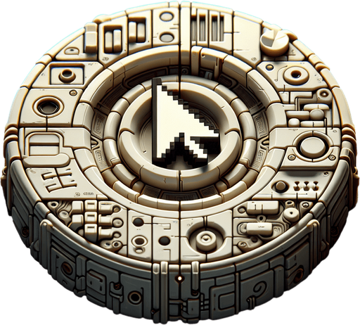 a button with a scroll and a computer cursor on it.
Single Game Texture. In-Game asset. 2d. Blank background. High contrast. No shadows.