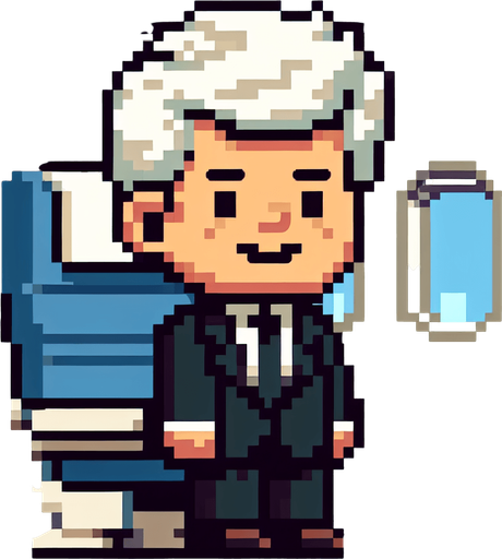 a 2d funny character in 8-bit and cartoon of joe biden on an airplane..