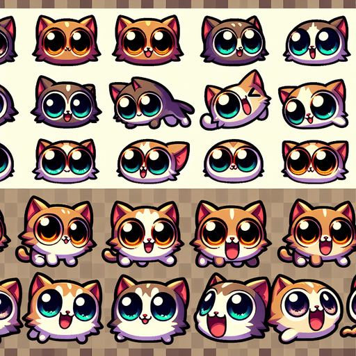 A sprite sheet of happy, cute and very silly looking little cats with large eyes..
Single Game Texture. In-Game asset. 2d. Blank background. High contrast. No shadows.