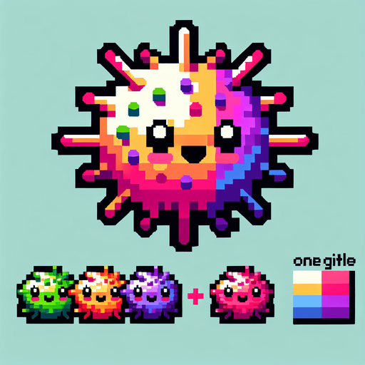 cartoon. 8-bit. sea urchin. colorful.
Single Game Texture. In-Game asset. 2d. Blank background. High contrast. No shadows.