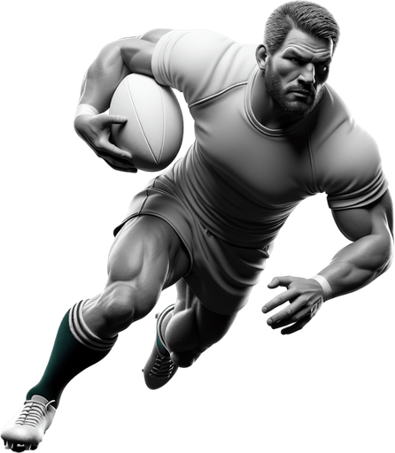 Joueur de rugby avec un charure musclé et qui a la balle 
Il attaque.
Single Game Texture. In-Game asset. 3d. Blank background. High contrast. No shadows.