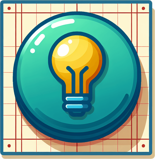 A round cyan button with a yellow lamp bulb..
Single Game Texture. In-Game asset. 2d. Blank background. High contrast. No shadows.