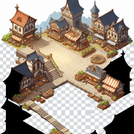 a marketplace in a  fantasy rts style.
Single Game Texture. In-Game asset. 2d. Blank background. High contrast. No shadows.