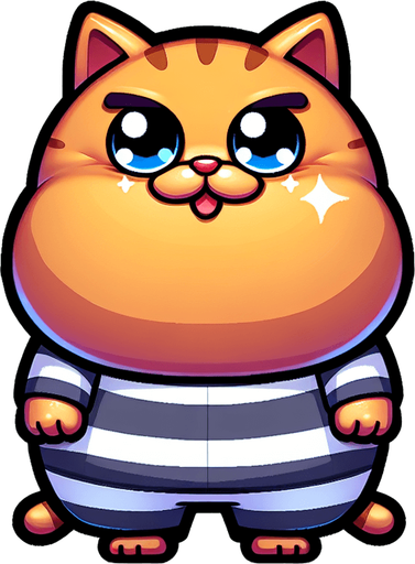 Super fat cat with a funny face wearing a prison jumpsuit.
Single Game Texture. In-Game asset. 2d. Blank background. High contrast. No shadows.