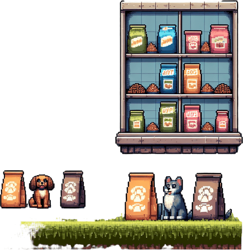 pixel art window with dog food bags displayed within it.
Single Game Texture. In-Game asset. 2d. Blank background.