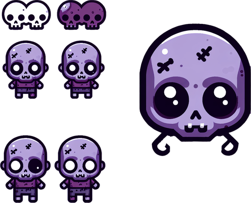 cute zombie in purple.
Single Game Texture. In-Game asset. 2d. Blank background. High contrast. No shadows. top down view. bird view