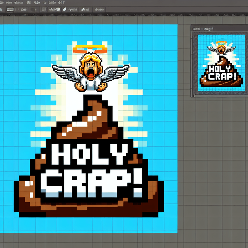 text saying "Holy Crap!" against a divine angelic poop banner. pixelated. 8-bit.
Single Game Texture. In-Game asset. 2d. Blank background. High contrast. No shadows.