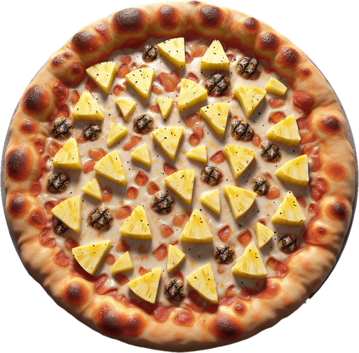 Pizza à l'ananas.
Single Game Texture. In-Game asset. 2d. Blank background. High contrast. No shadows.