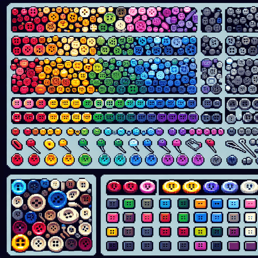 Create a sprite sheet featuring various sewing buttons. Each button should be distinct, with a cohesive color scheme containing a wide range of rainbow colors. The style should be detailed pixel art, reminiscent of classic 8-bit era video game. Arrange the components on a dark background, with each part neatly aligned in rows and columns for easy identification and use in game development..
Single Game Texture. In-Game asset. 2d. Blank background. High contrast. No shadows.