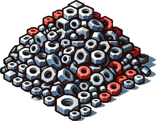 2d pile of gray and red nuts and bolts Single Game Texture. In-Game asset. 2d. Blank background. High contrast. No shadows.