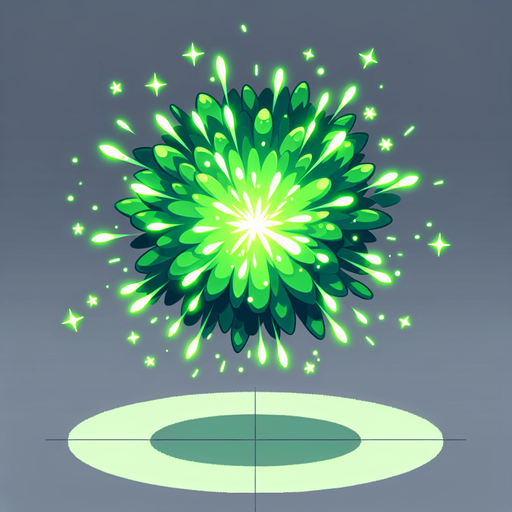 single green firework explosion . Single Game Texture. In-Game asset. 2d. Blank background. High contrast. No shadows.