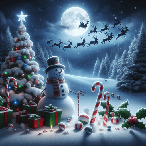 a feeric christmas landscape at night with a snow man , candy canes ,holly leafs and snow flakes, Santa's reindeers, green, red and blue presents Background image