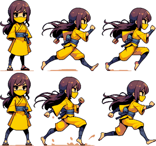 little ninja girl with a yellow kimono. Running frames: left and right legs in alternate positions.
2x2 sprite sheet