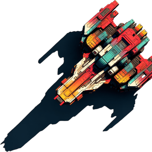 Single enemy spaceship flying straight downwards viewed from above in colour.
Single Game Texture. In-Game asset. 2d. Blank background. High contrast. No shadows.