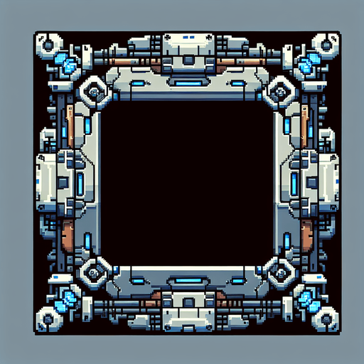 pixel art of a square scifi border.
Single Game Texture. In-Game asset. 2d. Blank background. High contrast. No shadows.