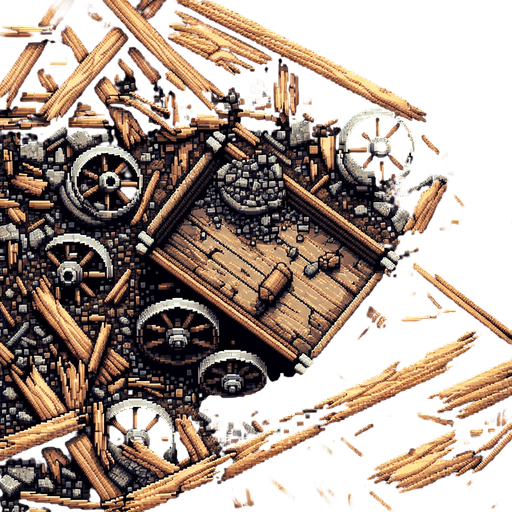 wrecked wood boards and small metal wheels (rests of a miner's wagon).
Pixel art. close Zenith view.