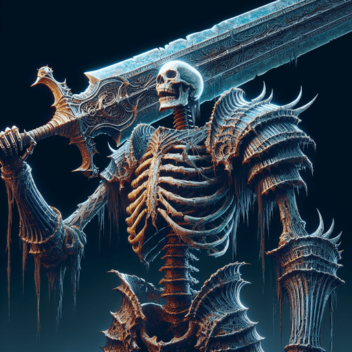 giant armored skeleton with a great sword.
Single Game Texture. In-Game asset. 2d. Blank background. High contrast. No shadows.